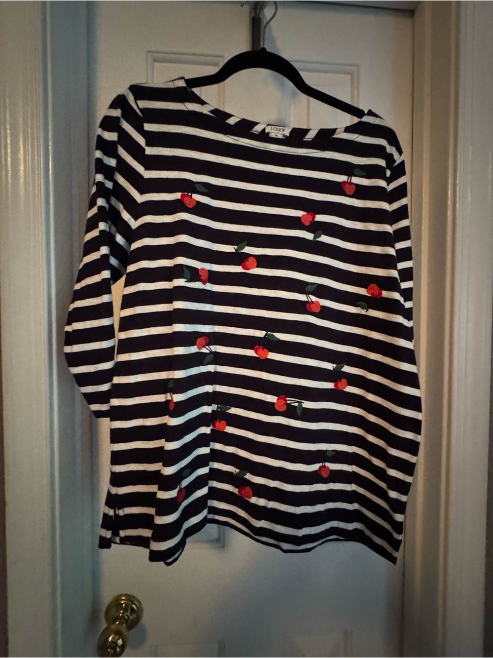 J. Crew Navy & White Striped Top with Cherry Detail